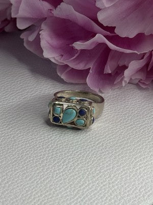 925 Sterling Silver Turquoise & Sodalite Ring Size 7.5