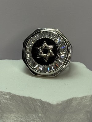 925 Sterling Silver Star of David Onyx & CZ Ring Size 9.5