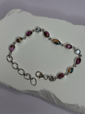 925 Sterling Silver Oyster Turquoise & Topaz Bracelet Length 6-8 Inch