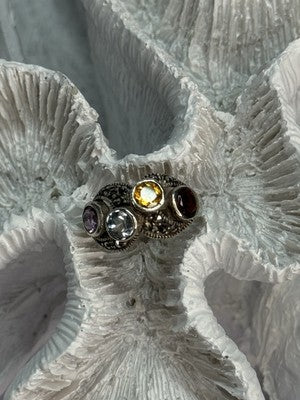 925 Sterling Silver Garnet, Citrine, Topaz, Amethyst & Marcasite Ring Size 5.5