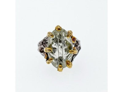 925 Blackened Silver With Gilding Green Amethyst & Heliodor Ring Size 9.75