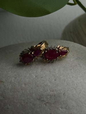 Elegant 10K Yellow Gold Ruby & Diamond Earrings