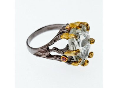 925 Blackened Silver With Gilding Green Amethyst & Heliodor Ring Size 9.75