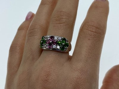 925 Sterling Silver Emerald, Pink Topaz & Goshenite "Flowers" Ring Size 7.5