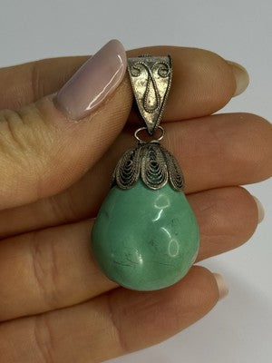 Vintage 925 Sterling Silver Malachite Pendant Length 2 Inch