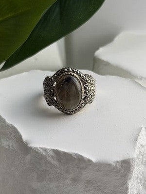 925 Sterling Silver Labradorite & Marcasite Ring Size 10