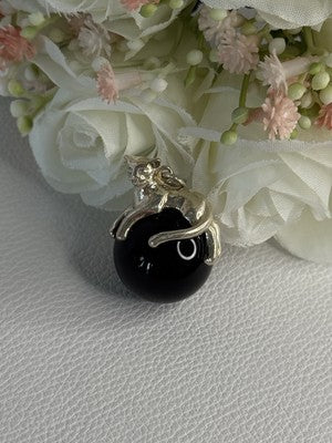925 Sterling Silver Onyx Cat Pendant Length 1.20 Inch