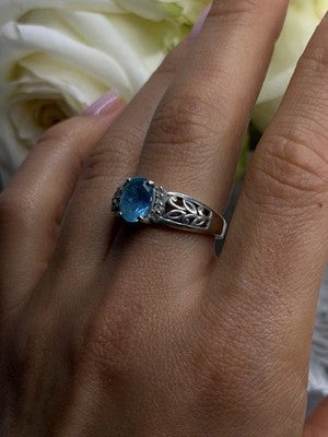 Vintage Filigree 925 Sterling Silver Blue & Clear Topaz Ring Size 8.5