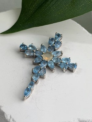 925 Sterling Silver Blue Topaz & Opal Pendant Cross