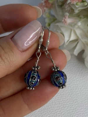 Antique Art Deco 925 Sterling Silver Unique Enamel Earrings Length 1.50 Inch