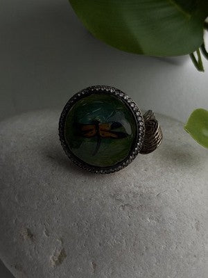 Vintage Nature Art 925 Sterling Silver Dragonfly Resin Ring Size 6.5