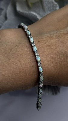 Tennis 925 Sterling Silver Fire Opal & Beryl Link Bracelet Size 7.5