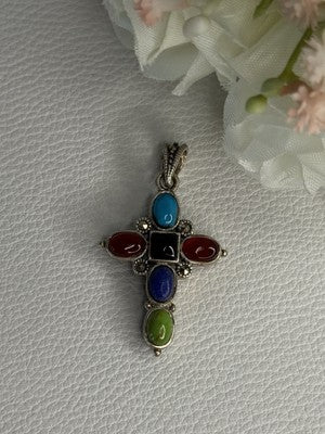 925 Sterling Silver Onyx Turquoise Agate Cross Length 1.60 Inch