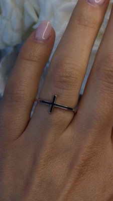 Modern Christian 925 Sterling Silver Cross Black Enamel Ring Size 8