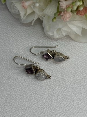 925 Sterling Silver Amethyst & Moonstone Earrings Length 1.30 Inch