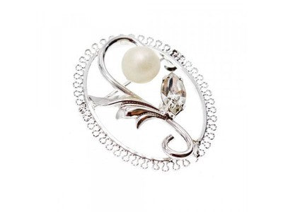 925 Sterling Silver Pearl and CZ "Flower" Brooch
