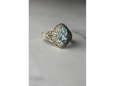 925 Sterling Silver Blue Spinel Openwork Ring Size 8.5