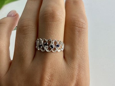 925 Sterling Silver Sapphires "Hearts" Ring Size 9.5