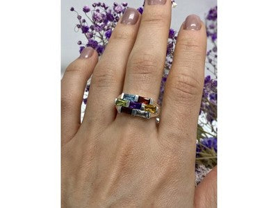 925 Sterling Silver Multi Gemstones Ring Size 11