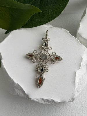 925 Sterling Silver Amber Cross Length 2 in