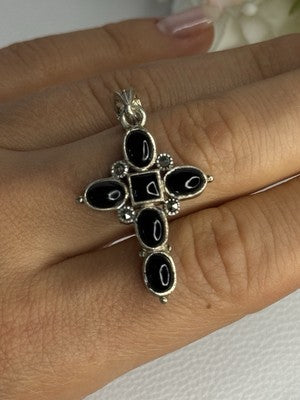 925 Sterling Silver Onyx Turquoise Agate Cross Length 1.60 Inch