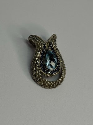 925 Sterling Silver 18k Yellow Gold Topaz & Sapphire Pendant Length 1.3 Inch