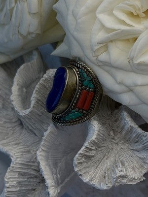 Vintage 925 Sterling Silver Lapis Lazuli Turquoise Coral Ring Size 7.5