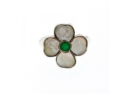 925 Sterling Silver Mother OF Pearl & Green Nephrite "Flower" Ring Size 6.5