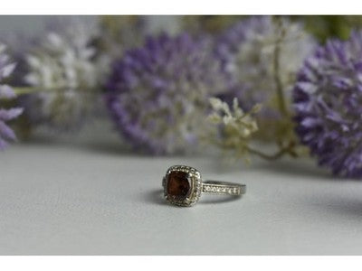 925 Sterling Silver Hessonite & CZ Ring Size 8