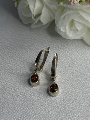 925 Sterling Silver Hessonite Earrings Length 1 Inch