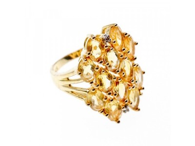 925 Sterling Silver Gold Plated Yellow Tourmalines & Diamonds Ring Size 8