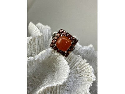 925 Sterling Silver Amber & Garnet Ring Size 8.5