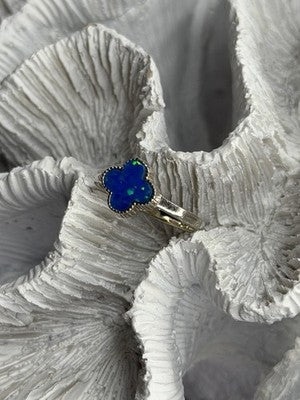 Clover 925 Sterling Silver Blue Simulated Opal Ring Size 7