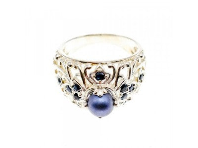 925 Sterling Silver Pearl & Sapphires Ring Size 6.75