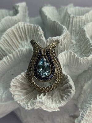 925 Sterling Silver 18k Yellow Gold Topaz & Sapphire Pendant Length 1.3 Inch
