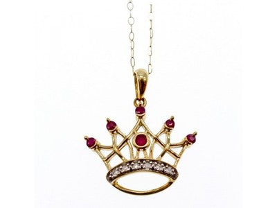 10K Yellow Gold Rubies & Diamonds Crown Chain With Pendant