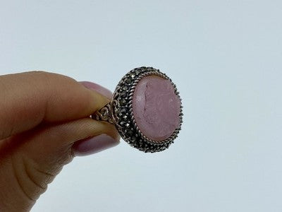 925 Sterling Silver Agate & Marcasites "Cameo" Ring Size 9.75