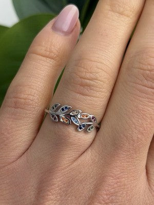 925 Sterling Silver Leaves Multi Color Spinel Ring Size 7