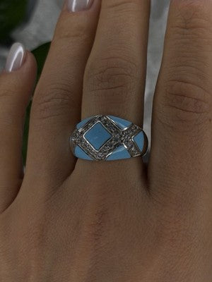 925 Sterling Silver Blue Turquoise & White Colorless Beryl Ring Size 9
