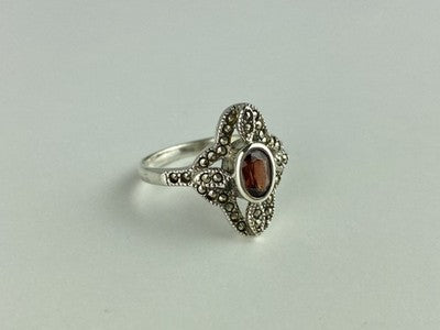 925 Sterling Silver Almandine & Marcasites Ring Size 7
