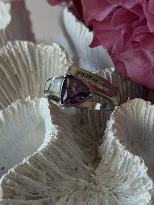 925 Sterling Silver Amethyst Opal Beryl Ring Size 7