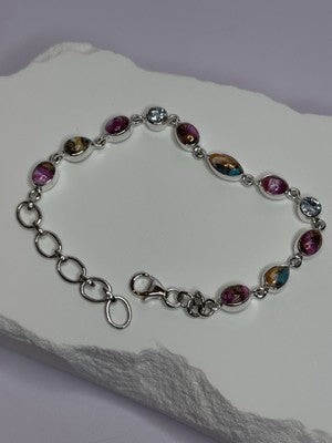 925 Sterling Silver Oyster Turquoise & Topaz Bracelet Length 6-8 Inch