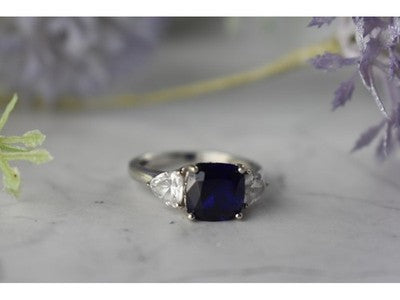 925 Sterling Silver Sapphire & CZ Ring Size 6.5