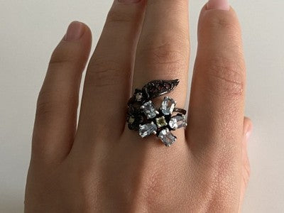 925 Blackened Silver Topaz, Garnet, Peridot & Opal Ring Size 8