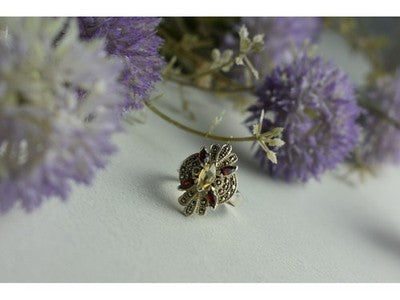925 Sterling Silver Heliodor, Almandine & Marcasites Ring Size 8