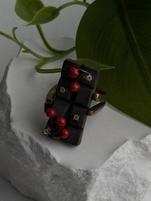 By Philippe Black Enamel & Red Bead Cherry 925 Sterling Silver Ring Size 8