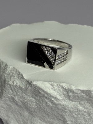 925 Sterling Silver Black Enamel & CZ Men'S Ring Size 11