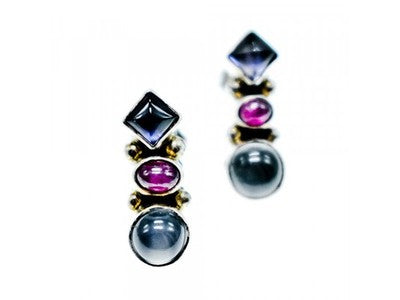 925 Sterling Silver Moonstone, Sapphire & Ruby Stud Earrings