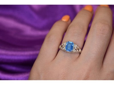 925 Sterling Silver Blue Topaz Openwork Ring Size 6.5