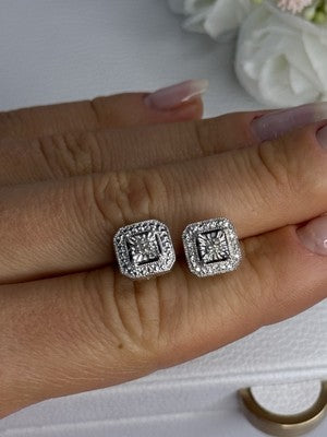 925 Sterling Silver Diamonds Stud Earrings Length 0.37 Inch